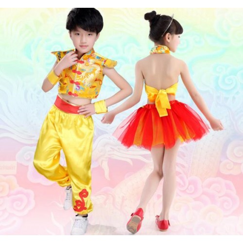 Red yellow gold Chinese style Folk dance girls boys children fan drummer performance cosplay dance outfits